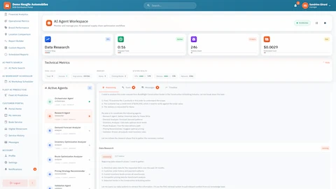 AI Agent Workspace - Real-time monitoring of 11 active agents during data research phase with technical metrics, reasoning panel, and tool invocation tracking